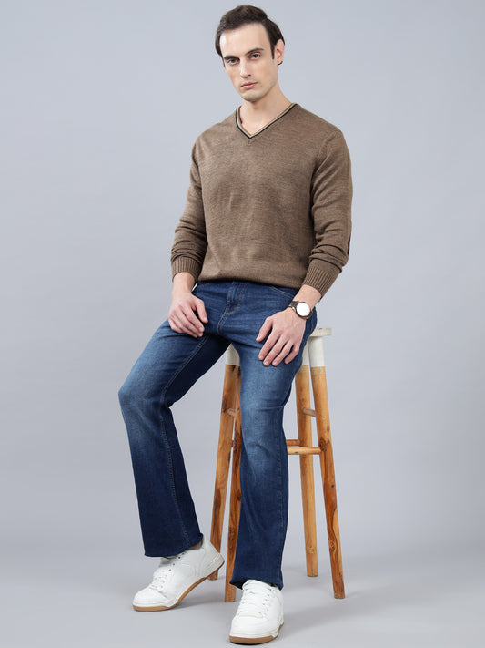 Men's Self Design Brown Full Sleeve Sweater