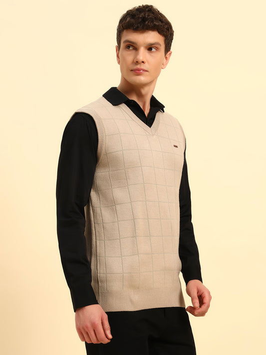 Sweater for Men | Winter Wear Acrylic Fabric Pull-On Closure V-Neck Regular Fit Checkered Pattern
