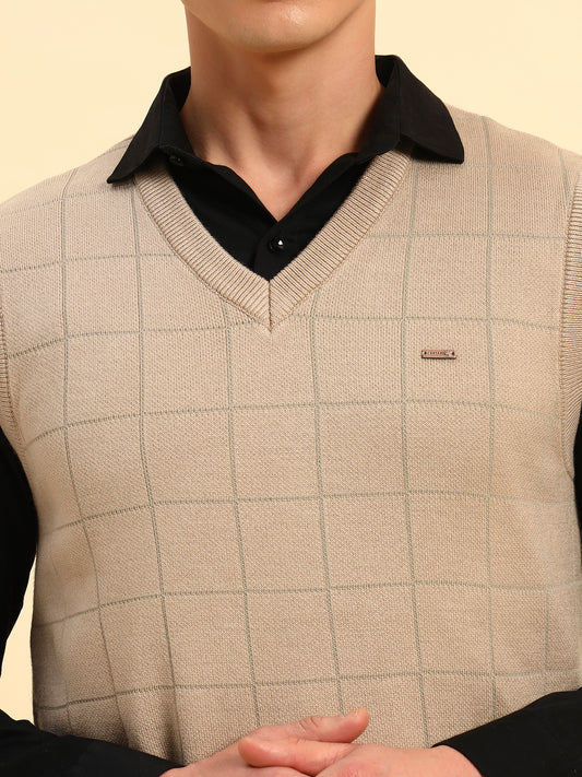 Sweater for Men | Winter Wear Acrylic Fabric Pull-On Closure V-Neck Regular Fit Checkered Pattern