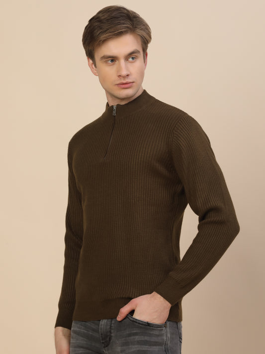 Sweater for Men | Winter Wear Acrylic Fabric Zipper Closure Mock Neck Regular Fit Self Design Pattern