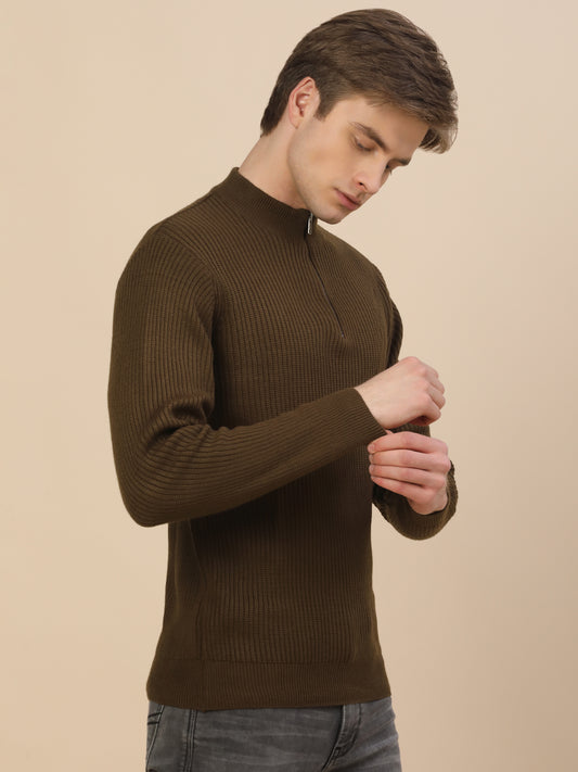 Sweater for Men | Winter Wear Acrylic Fabric Zipper Closure Mock Neck Regular Fit Self Design Pattern