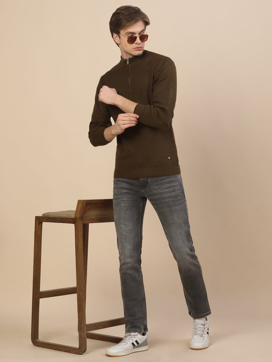 Sweater for Men | Winter Wear Acrylic Fabric Zipper Closure Mock Neck Regular Fit Self Design Pattern