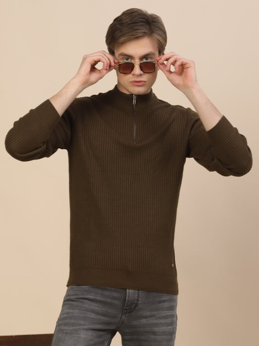 Sweater for Men | Winter Wear Acrylic Fabric Zipper Closure Mock Neck Regular Fit Self Design Pattern