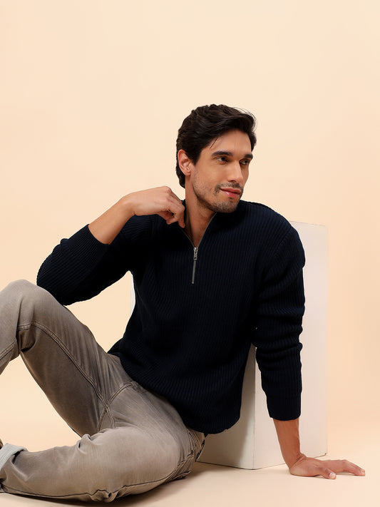 Sweater for Men | Winter Wear Acrylic Fabric Zipper Closure Mock Neck Regular Fit Self Design Pattern