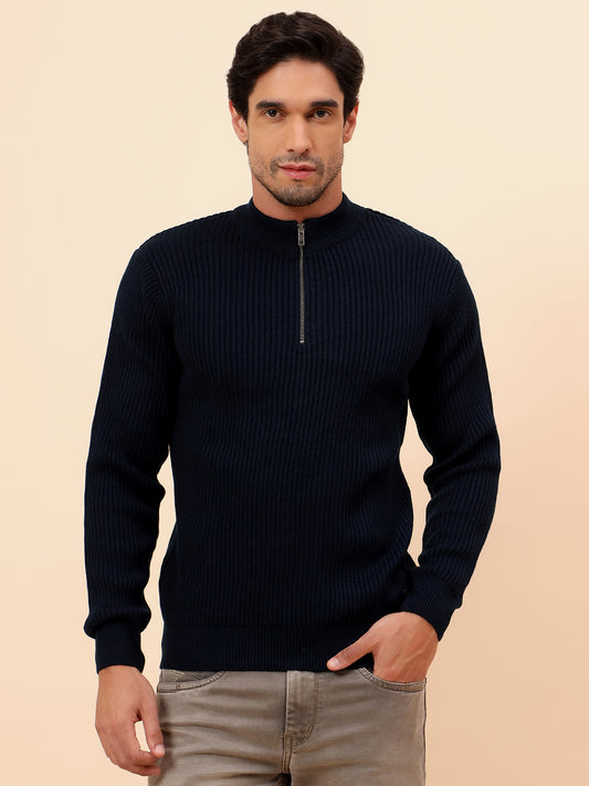 Sweater for Men | Winter Wear Acrylic Fabric Zipper Closure Mock Neck Regular Fit Self Design Pattern
