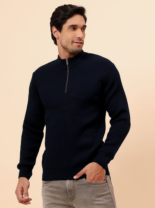 Sweater for Men | Winter Wear Acrylic Fabric Zipper Closure Mock Neck Regular Fit Self Design Pattern