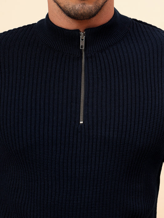 Sweater for Men | Winter Wear Acrylic Fabric Zipper Closure Mock Neck Regular Fit Self Design Pattern