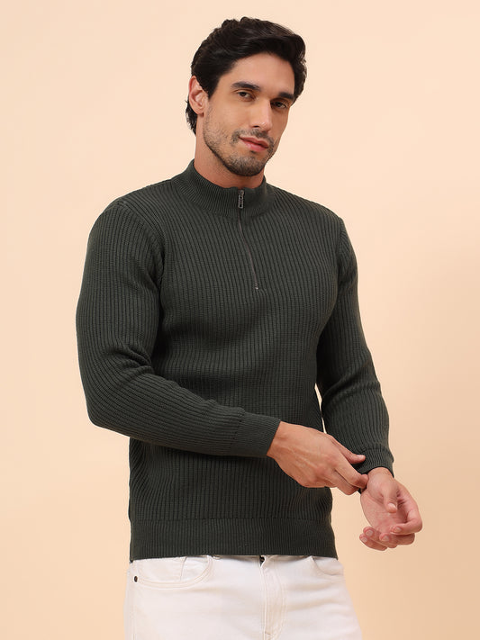 Sweater for Men | Winter Wear Acrylic Fabric Zipper Closure Mock Neck Regular Fit Self Design Pattern
