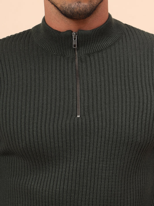 Sweater for Men | Winter Wear Acrylic Fabric Zipper Closure Mock Neck Regular Fit Self Design Pattern