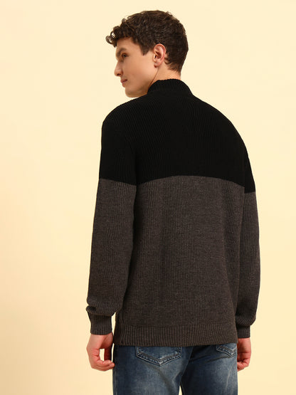 Sweater for Men | Winter Wear Acrylic Fabric Zipper Closure Mock Neck Regular Fit Colour Block Pattern
