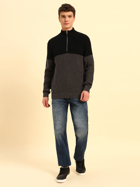 Sweater for Men | Winter Wear Acrylic Fabric Zipper Closure Mock Neck Regular Fit Colour Block Pattern