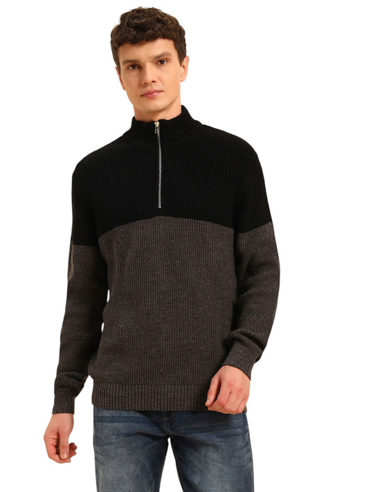 Sweater for Men | Winter Wear Acrylic Fabric Zipper Closure Mock Neck Regular Fit Colour Block Pattern
