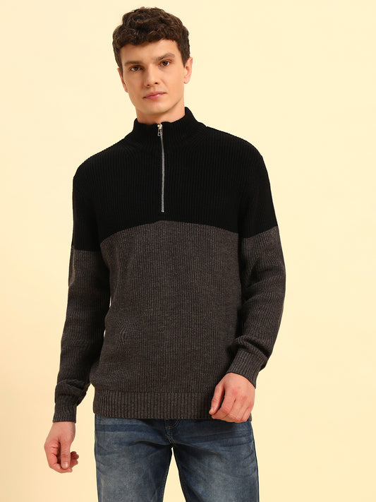 Sweater for Men | Winter Wear Acrylic Fabric Zipper Closure Mock Neck Regular Fit Colour Block Pattern