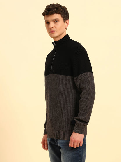 Sweater for Men | Winter Wear Acrylic Fabric Zipper Closure Mock Neck Regular Fit Colour Block Pattern