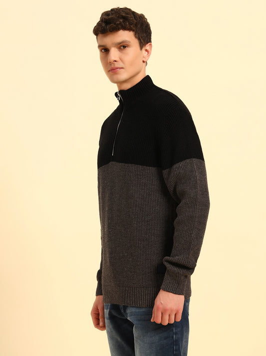 Sweater for Men | Winter Wear Acrylic Fabric Zipper Closure Mock Neck Regular Fit Colour Block Pattern
