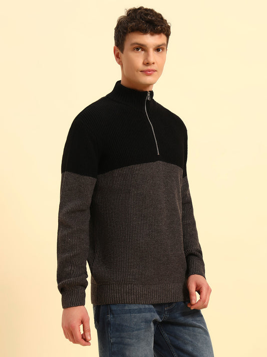 Sweater for Men | Winter Wear Acrylic Fabric Zipper Closure Mock Neck Regular Fit Colour Block Pattern