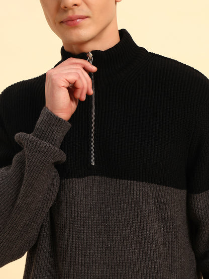 Sweater for Men | Winter Wear Acrylic Fabric Zipper Closure Mock Neck Regular Fit Colour Block Pattern
