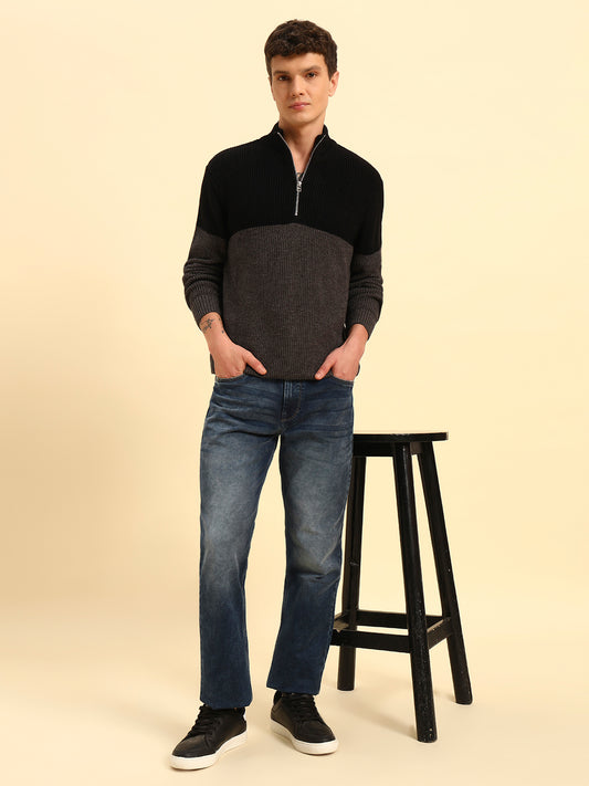 Sweater for Men | Winter Wear Acrylic Fabric Zipper Closure Mock Neck Regular Fit Colour Block Pattern