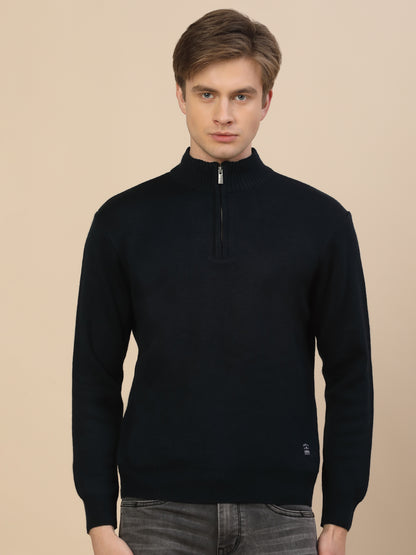 Sweater for Men | Winter Wear Acrylic Fabric Zipper Closure Mock Neck Regular Fit Self Design Pattern