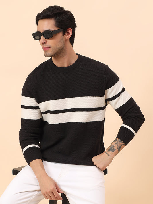 Sweater for Men | Winter Wear Fancy Fabric Pull-On Closure Round Neck Regular Fit Striped Pattern