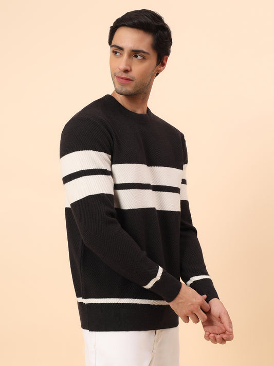 Sweater for Men | Winter Wear Fancy Fabric Pull-On Closure Round Neck Regular Fit Striped Pattern