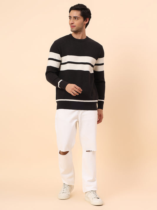 Sweater for Men | Winter Wear Fancy Fabric Pull-On Closure Round Neck Regular Fit Striped Pattern