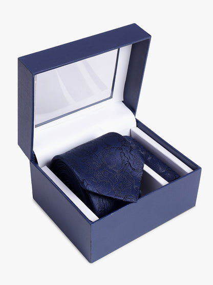 Men's Navy Blue Printed Tie With Pocket Square Set