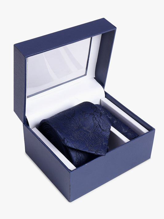 Men's Navy Blue Printed Tie With Pocket Square Set