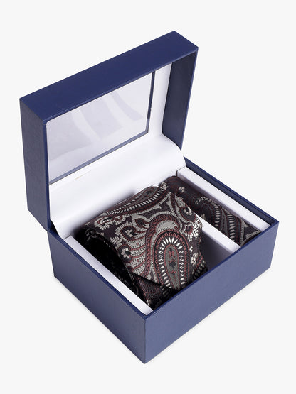 Men's Navy Blue Printed Tie With Pocket Square Set