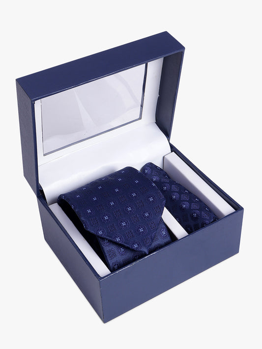Men's Navy Blue Printed Tie With Pocket Square Set