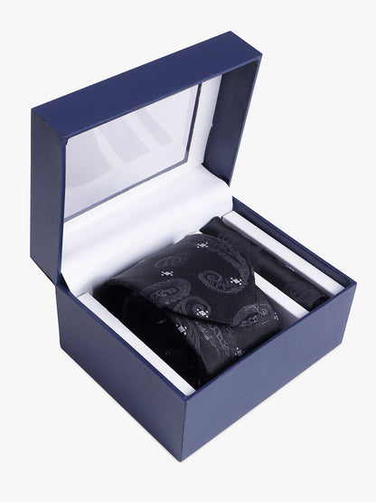 Men's Black Self Design Tie With Pocket Square Set