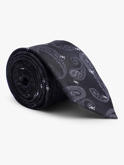 Men's Black Self Design Tie With Pocket Square Set