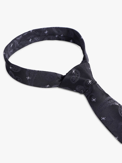 Men's Black Self Design Tie With Pocket Square Set