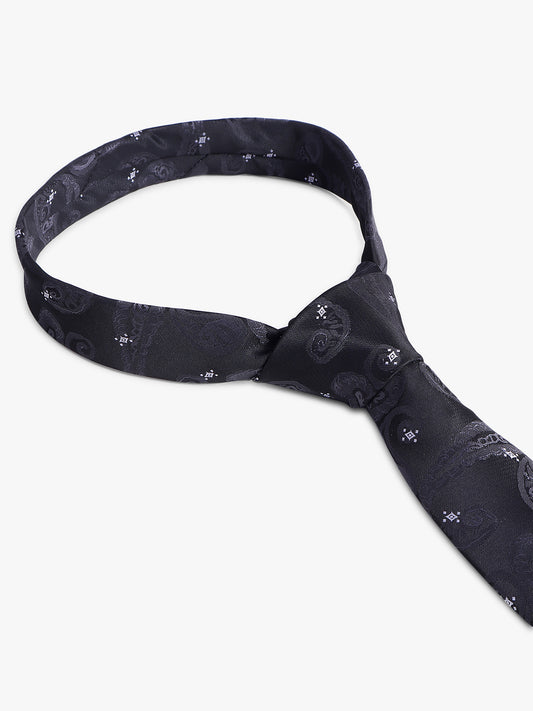 Men's Black Self Design Tie With Pocket Square Set