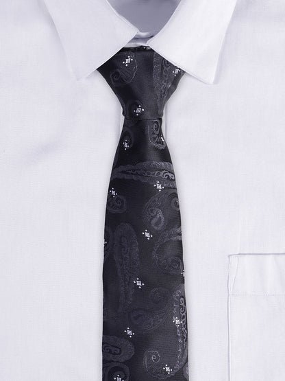 Men's Black Self Design Tie With Pocket Square Set