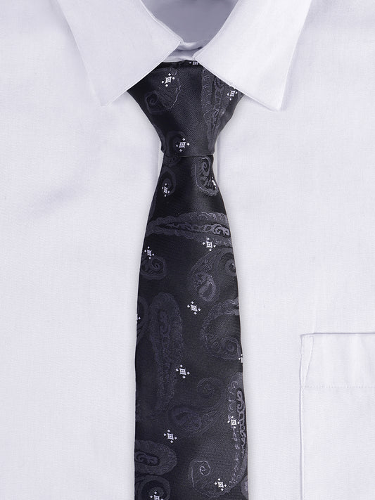 Men's Black Self Design Tie With Pocket Square Set