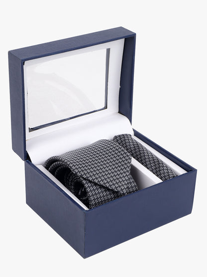 Men's Grey Self Design Tie With Pocket Square Set
