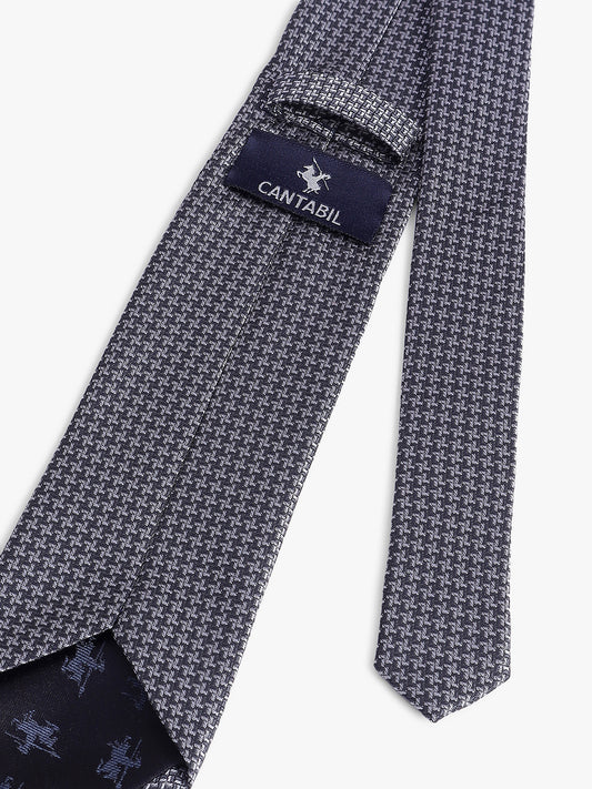Men's Grey Self Design Tie With Pocket Square Set