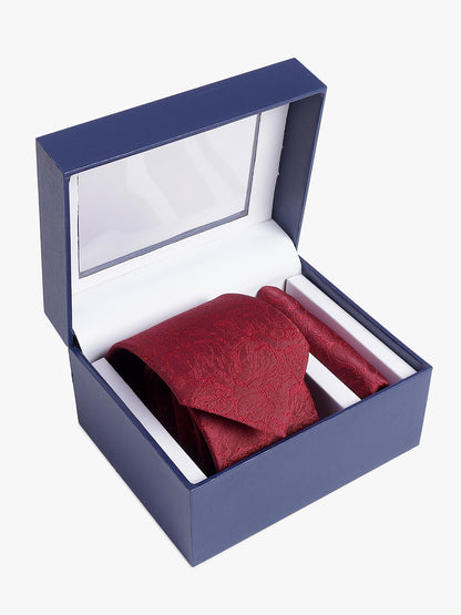 Men's Wine Printed Tie With Pocket Square Set
