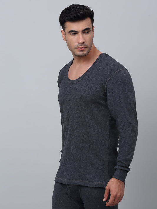 Solid Round Neck Full Sleeves Grey Thermal Top For Men