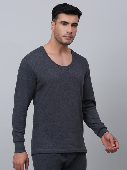 Solid Round Neck Full Sleeves Grey Thermal Top For Men