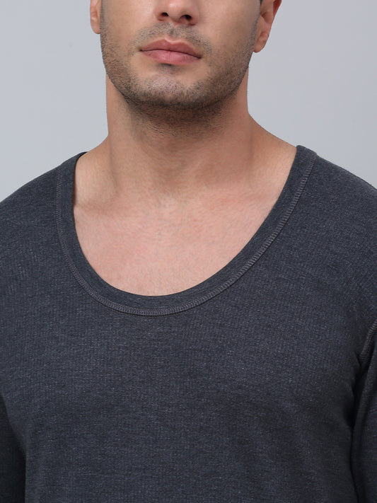 Solid Round Neck Full Sleeves Grey Thermal Top For Men