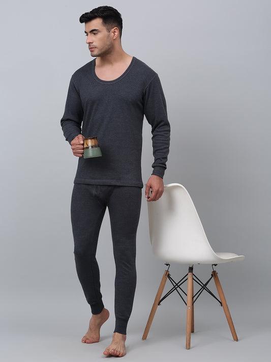 Solid Round Neck Full Sleeves Grey Thermal Top For Men