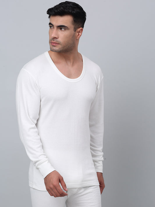 Solid Round Neck Full Sleeves Off White Thermal Top For Men