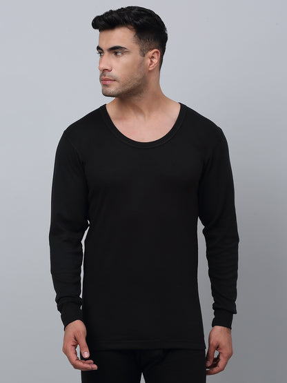 Solid Round Neck Full Sleeves Black Thermal Top For Men