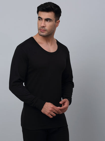 Solid Round Neck Full Sleeves Black Thermal Top For Men