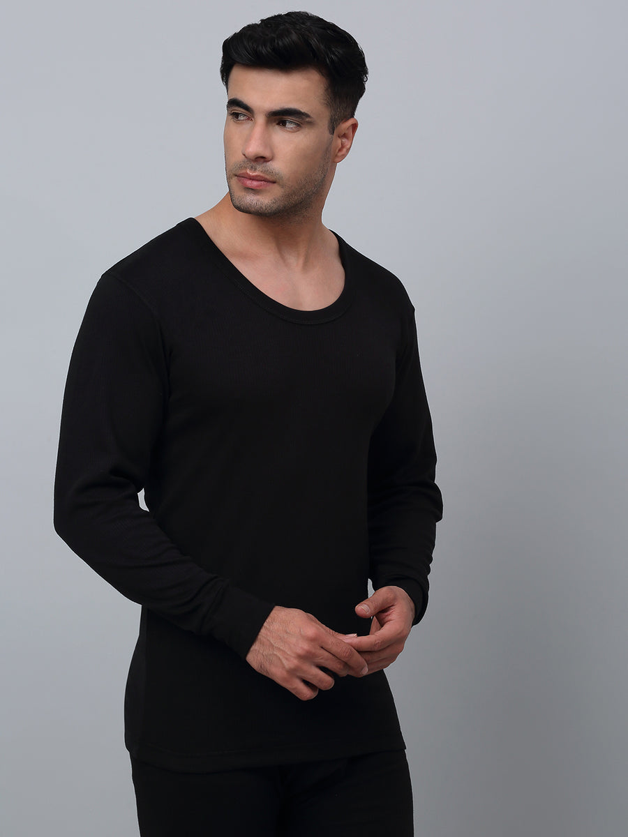 Cantabil Solid Round Neck Full Sleeves Black Thermal Top For Men