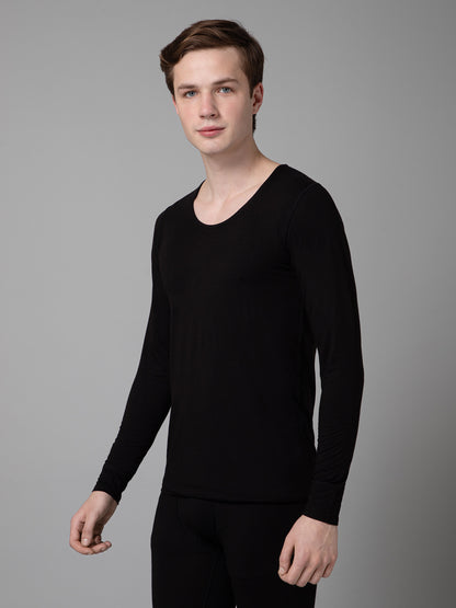 Solid Round Neck Full Sleeves Black Thermal Top For Men