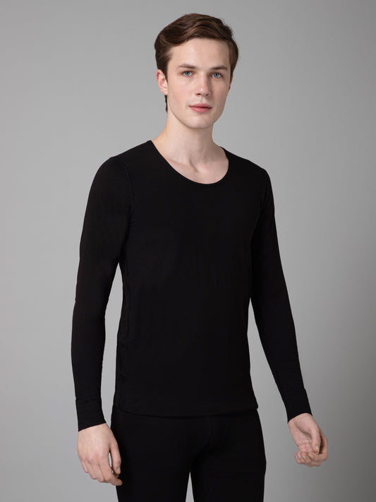 Solid Round Neck Full Sleeves Black Thermal Top For Men