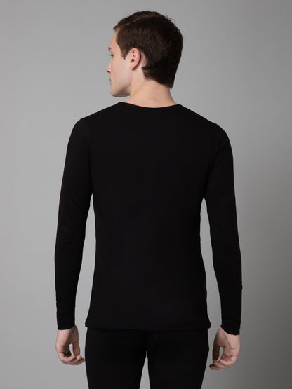 Solid Round Neck Full Sleeves Black Thermal Top For Men